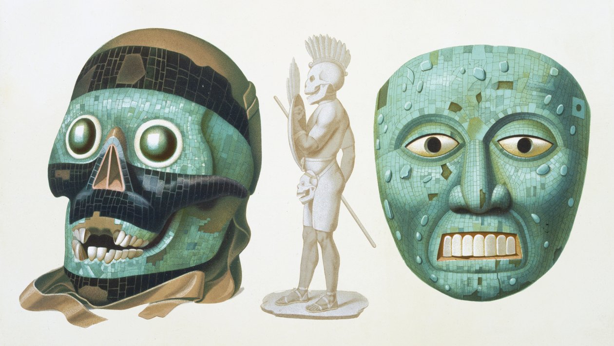 左：テスカトリポカ神のスカルマスク、右：ケツァルコアトル神または